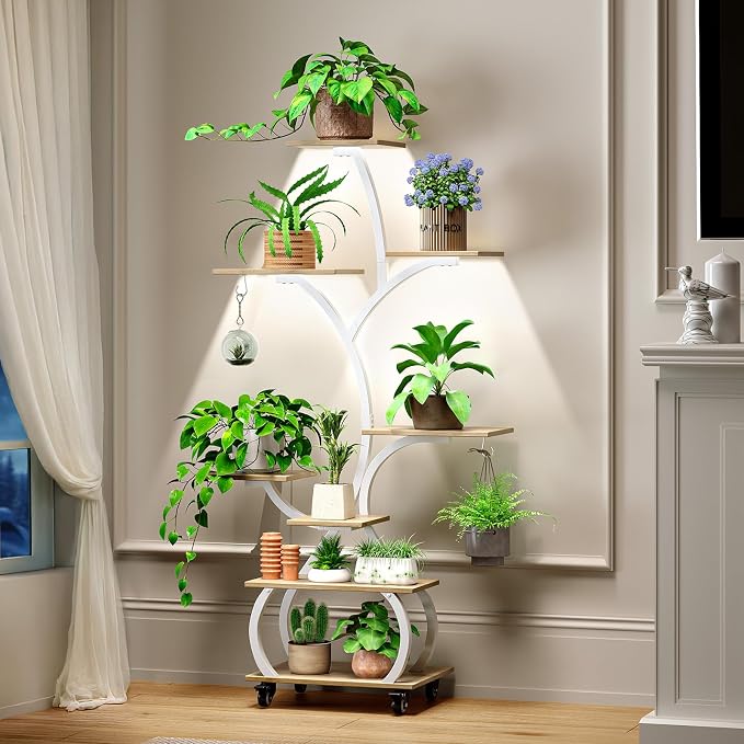 VINGLI Plant Stand Indoor with Grow Lights, 48" Small Space Plant Stand, 8-Tier Mobile Plant Shelf, Lighted Display Rack for Apartment, Living Room & Balcony, White and Oak