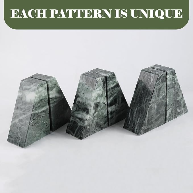 Karibiber Marble Bookends for Heavy Books, Decorative Bookends for Shelves, Green Stone Book Ends, Heavy-Duty Book Ends for Hardback Book & Cookbooks, Unique Book Stopper & Holder, Set of 2