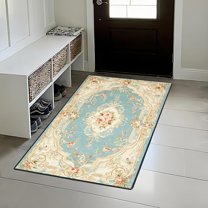 Pink Floral French Country 2x3 Entry Rug,Washable Small Rugs for Entryway Kitchen Bathroom Door Mat Indoor Entrance,Non Slip Rubber Backing,Stain & Fade Resistant,Elegant Vintage Decor