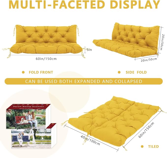 Extra Thick 5" Waterproof Outdoor Swing Cushions Porch 60" Swing Cushions 3 Seater Replacement with Backrest and Ties for Outdoor Furniture Patio Bench Garden(Yellow 60×40×5")