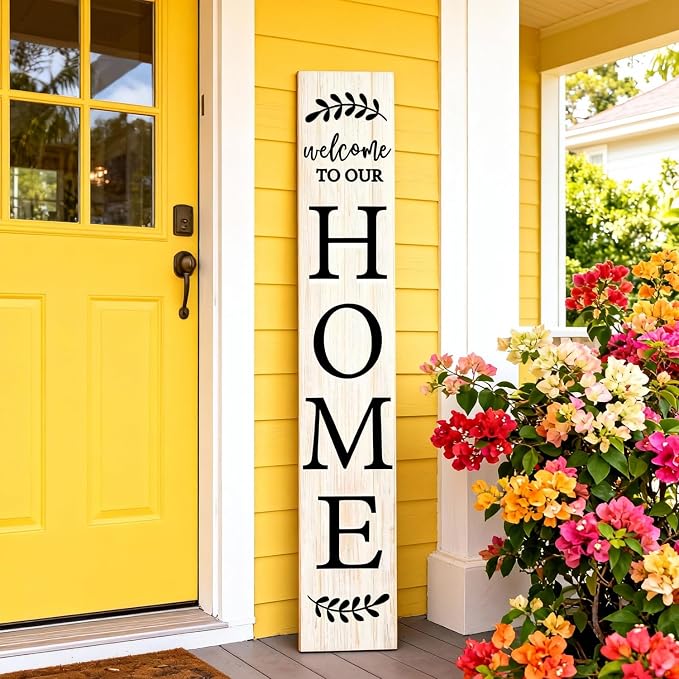 Welcome Sign for Front Porch, 47" Large Wooden Welcome to Our Home Sign Door Hanging Standing Plaque, Farmhouse Vertical Outdoor Porch Decorations for Yard Patio Entrance (White)