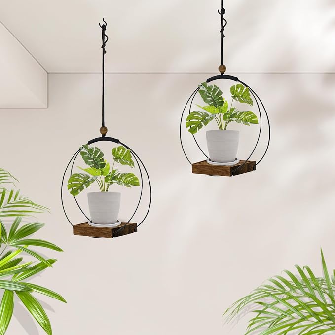 hismocal Hanging Planter for Indoor Plants,Plant Hanger with Sturdy Wood Base & Pot, Modern Boho Macrame Plant Hanger,Wall Ceiling Window Stands(2 Pack+Pots)