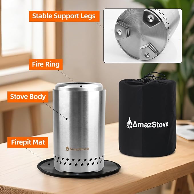 Spinning Flame Tabletop Fire Pit by AmazStove, Low Smoke Stove Outdoor Safe Burning Firepits, Fueled Pellets or Wood, Travel Bag&mat&Forks Included, 10 x 6 Silver