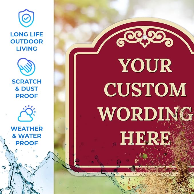 Custom Decorative Sign, Personalized Metal Sign for Business, Driveway, Home, Airbnb, Office Door Plaque,Burgundy Background Sign, 12x12 Inches, ACM, Fade Resistant, Made in USA by Sigo Signs