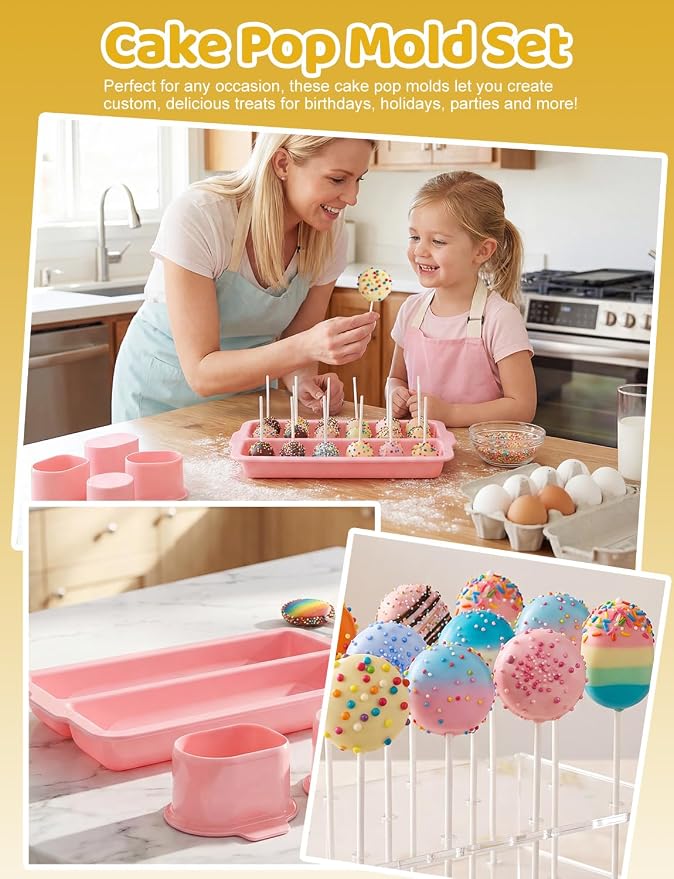 WDAHDHP Round Cake Pop Mold Set, Including 2Pcs Circle Cake Pop Cutter, 9 Inch Tray and 100Pcs Lollipop Sticks for Home Desserts Making Accessories, Pink