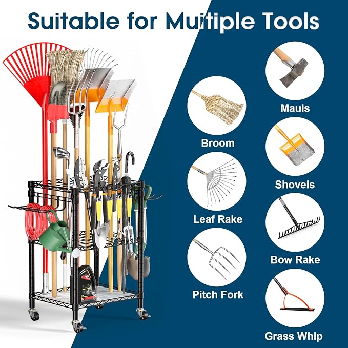 T1 Garden Tool Organizer(With Lockable Wheels)Heavy Duty Garage Tool Storage for Yard,Shed,Outdoor and Lawn,Freestanding Tool Organizers and Storage UP to 50 Tools,Black with Anti-Tip Device