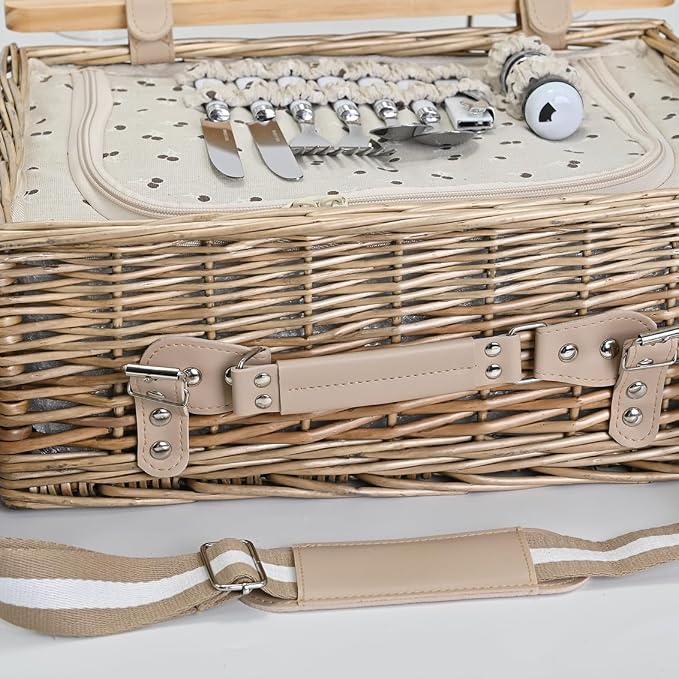 Multifunctional Wicker Picnic Basket Set for 2 with Blanket and Picnic Table, Insulated Picnic Set with Full Tablewares for Camping Outdoor Couples,Cherry