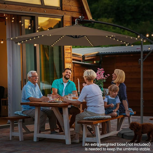 HAPPYGRILL 10FT Cantilever Patio Umbrella with Solar Lights, Outdoor Hanging Offset Umbrella with 112 LED Lights, Tilt Design, Crank Handle, Cross Base Stand for Garden Yard Deck