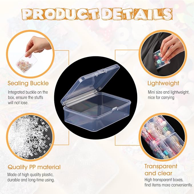 SATINIOR 100 Pcs Clear Plastic Beads Storage Containers Box Small Clear Boxes with Hinged Lid Plastic Arts Case Mini Square Crafts Storage Organizers for Small Items (3.27 x 2.13 x 1.02 Inch)