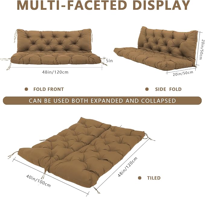 Waterproof Porch Swing Cushions Thicken 5" Brown 2-3 Seat 48 ×40 in Replacement Swing Cushions with Backrest and Ties for Patio Backyard Porch Garden