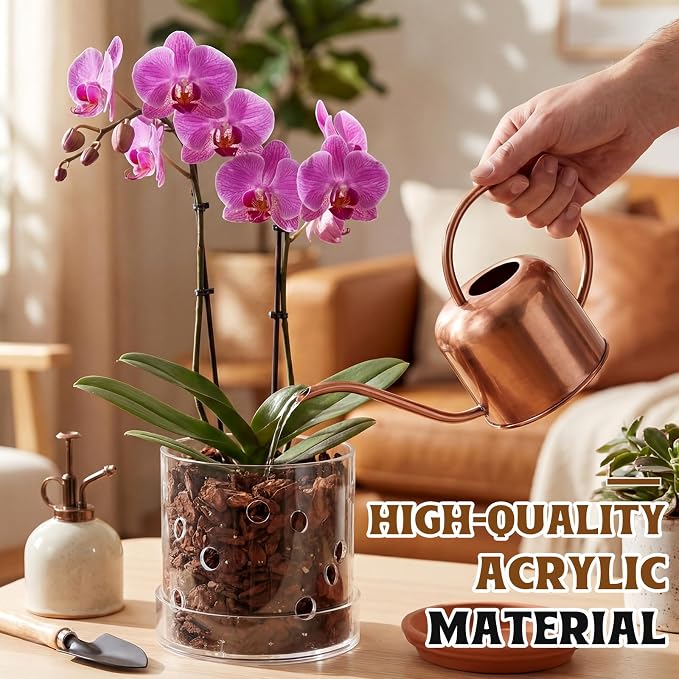 5 Inch Clear Acrylic Orchid Planter Pot with 360° Round Holes & Tray, Thick Acrylic Vented Planter for Phalaenopsis, Root Airflow, Bottom Watering & Indoor Orchid Repotting