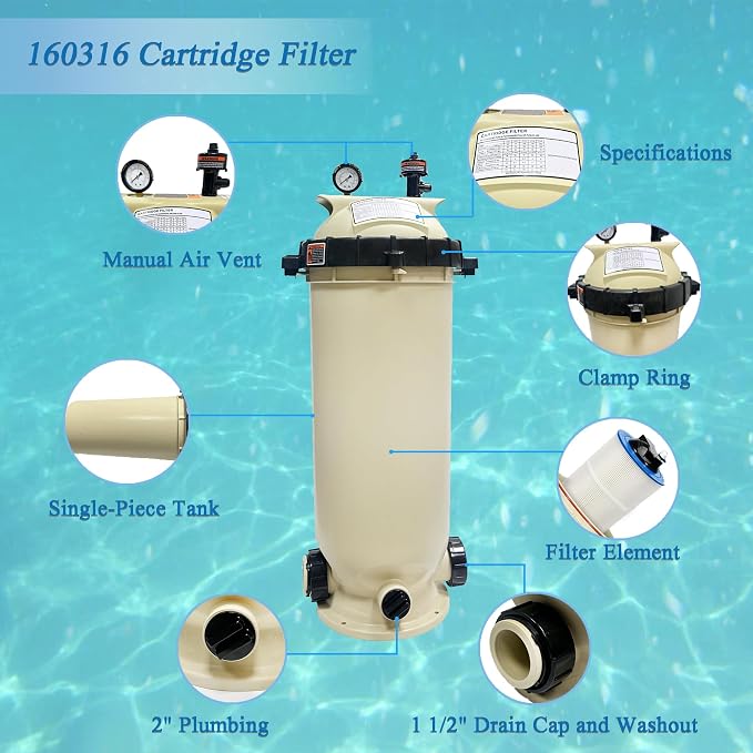 EC-160316 Cartridge Pool Filter,100 Square Feet 100 GPM | Fit for Pentair Clean & Clear CC100 Pool Spa,Almond