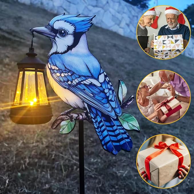 2 Pack Solar Lanterns Outdoor Decor Solar Bule Jay Lanterns Solar Cardinal Redbird Lights Metal Stake Yard Garden Decor Art Figurine Waterproof LED Lights Gifts for Mom Grandma Women(Blue Jay)