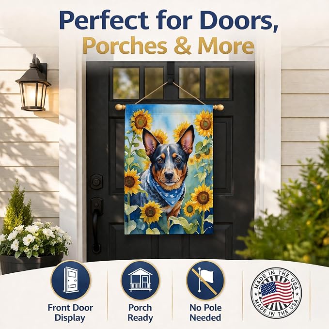 Caroline's Treasures DAC6013CHF Australian Cattle Dog in Sunflowers House Flag Large Porch Sleeve Pole Decorative Outside Yard Banner Artwork Wall Hanging, Polyester, House Size, Multicolor