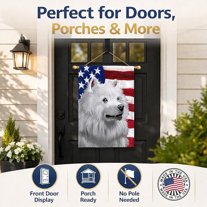 Caroline's Treasures CK6398CHF American Eskimo Dog American Flag House Flag Large Porch Sleeve Pole Decorative Outside Yard Banner Artwork Wall Hanging, Polyester, House Size, Multicolor