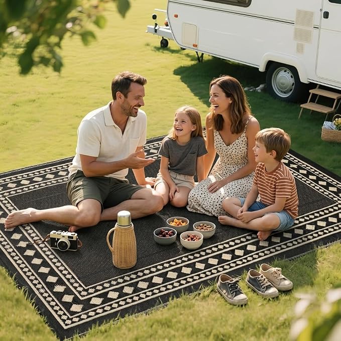 RURALITY Outdoor Rug 9x12 Waterproof for Patio Clearance,Large Plastic Straw Mat for Camping,Porch,RV,Black and Beige