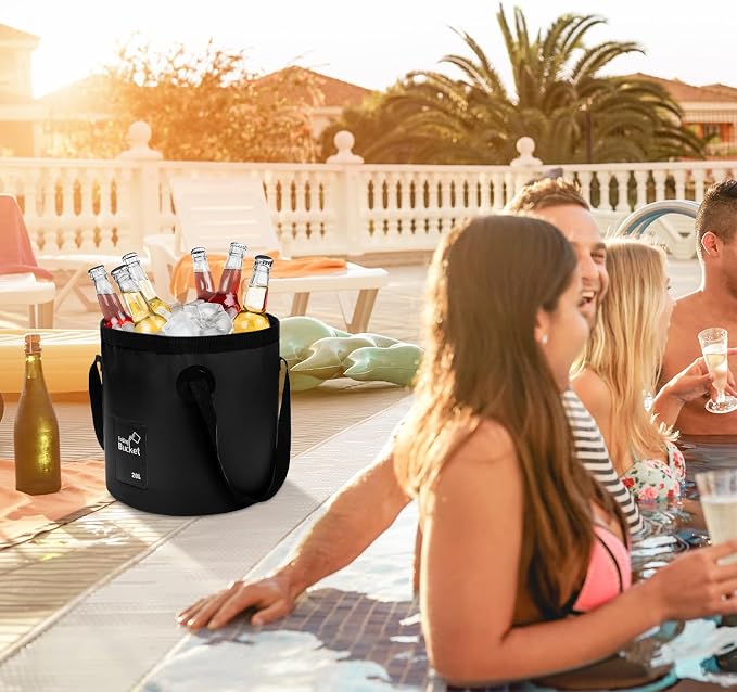 3 Pack 5 Gallon Collapsible Bucket, Foldable Water Bucket with Handles, Portable Camping Buckets for Fishing, Hiking, Cleaning, Outdoor & Travel Use (Black)