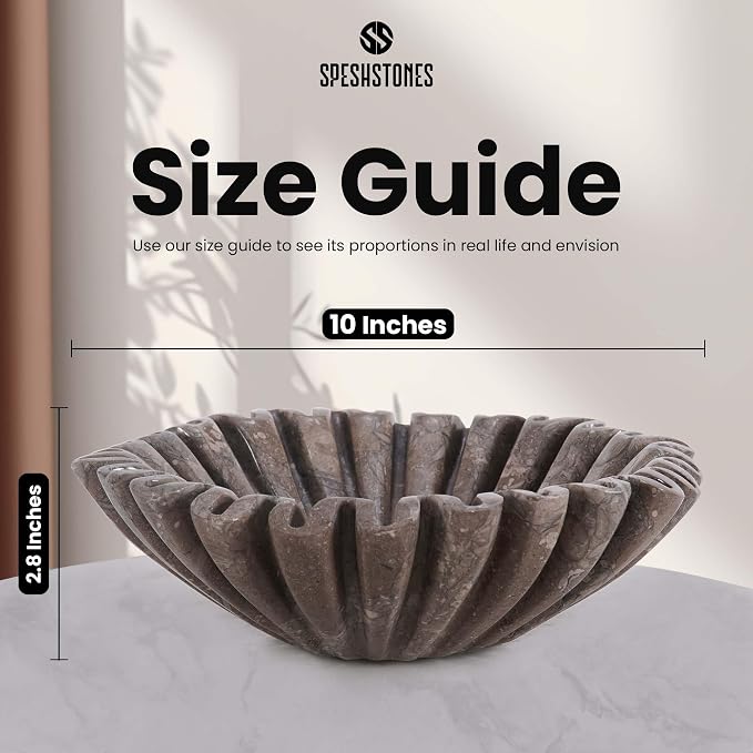 Marble Large Decorative Bowl Handmade 10 Inch Ruffle Bowl, Scalloped Bowls for Home Decor, Modern Fruit Bowl for Kitchen Counter, Stone Fluted Bowl for Housewarming Gifts