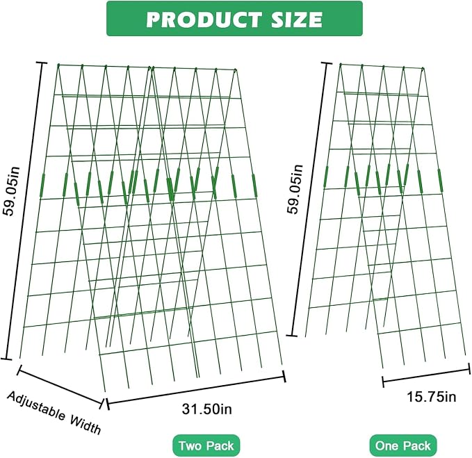 DoCred Cucumber Trellis, 59" H 2 Pack Metal Foldable Upgraded A Frame Garden Trellis for Raised Bed Climbing Plants, Vegetables, Including Plant Support Clips, Twist Ties, Plastic Ties, Green