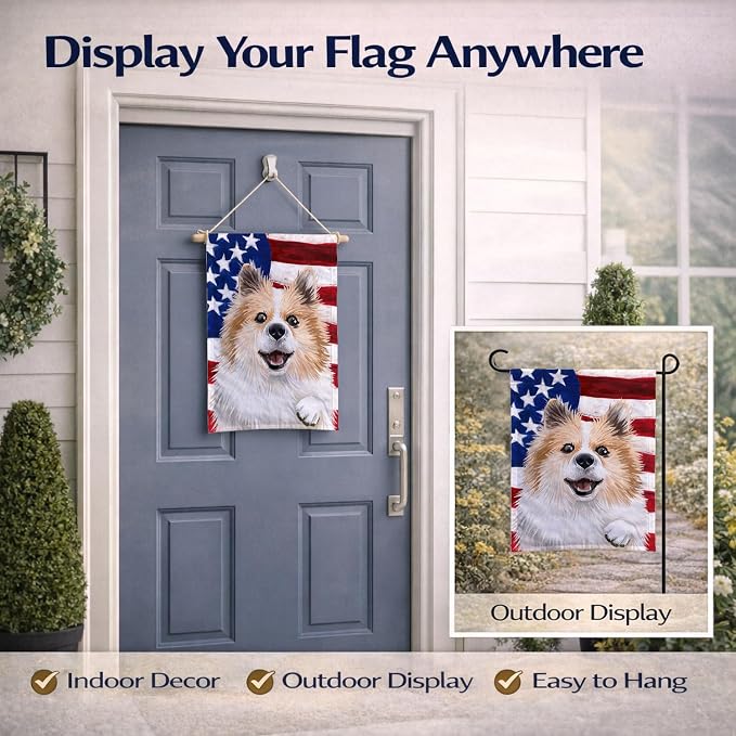 Caroline's Treasures CK6566GF Icelandic Sheepdog Dog American Flag Garden Flag Mailbox Flag Decorative Yard Flag Banner Outside Patio Artwork Yard Flower Beds, Garden Size, Multicolor