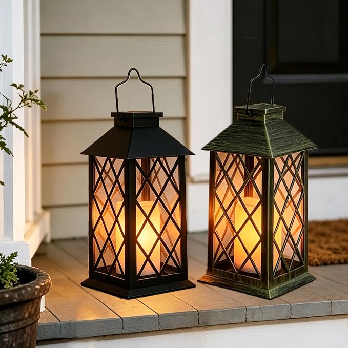 Solar Lanterns Outdoor Waterproof, 2 Pack 14'' Large Tempered Glass Outdoor Lanterns with Flameless Candle, Solar Hanging Lantern Decorative for Patio Porch Garden Table Deck Outside - Bronze