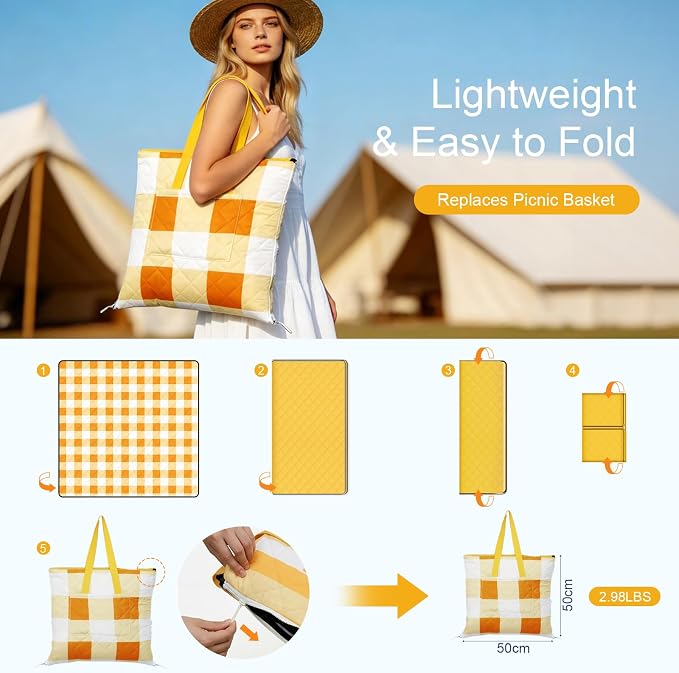 2 in 1 Tote Picnic Blanket Waterproof Outdoor Camping Mat,Large Capacity Beach Blanket 80''x80'' 7 Layers Easy to Foldable and Carry.