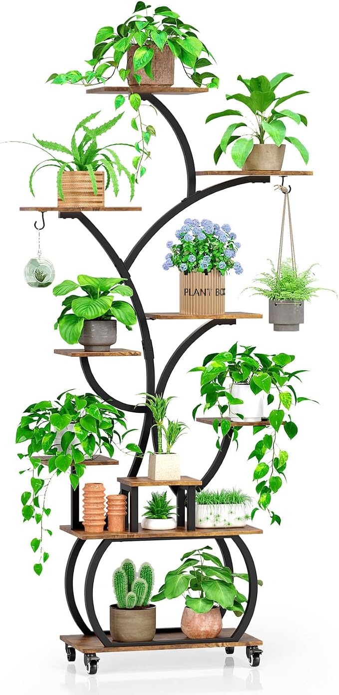 Plant Stand with Grow Lights, 61" Tall Plant Shelf Indoor with Multi-Color Full Spectrum LED Lights and 360° Lockable Wheels, 10-Tier 61" Tree-shaped Decorative Rack, for Living Room, Balcony & Office, Black and Brown