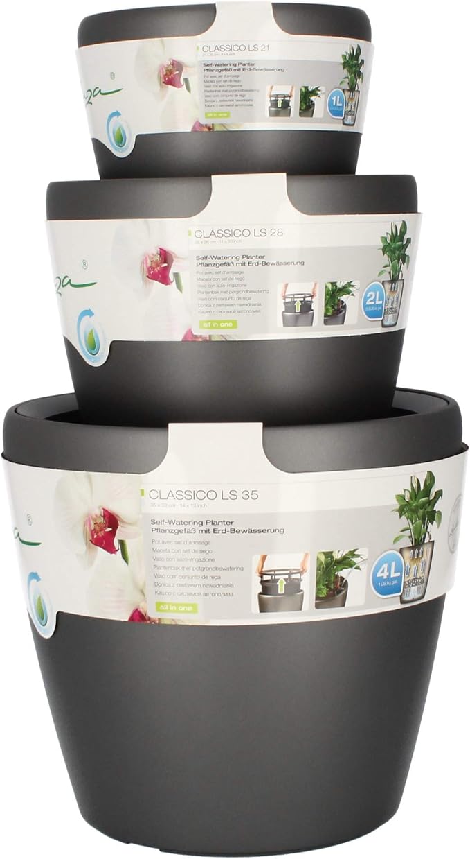 Lechuza Classico LS 35 Charcoal Metallic, Self-Watering Round Planter, D13.8 H13 in