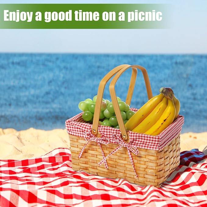 Patelai Wicker Picnic Basket Natural Hand Woven Basket with Double Folding Handles, Willow Hamper Baskets with Blanket for Outdoor Picnic Summer Spring Camp Family(Red and White Grid)