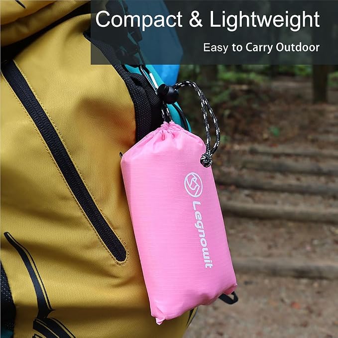 Outdoor Pocket Blanket, 55"x39" Waterproof Foldable Compact Small Picnic Blanket, Ultralight Tarp for Camping, Festival, Beach, Hiking, Backpacking, Travel, Stakes Included (Pink)