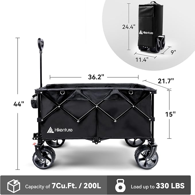Hikenture Foldable Beach Wagon with Big Wheels for Sand, 330 lbs Capacity | Large wagon for beach, camping, sports & grocery hauling; Big wheels for sand & gravel; One-hand fold
