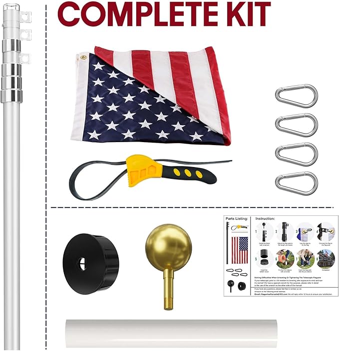 16FT Telescoping Flag Pole for Outside House, Extra Thick Telescopic Flagpole with USA Flag, Inground Outdoor Use, Camper RV, Residential & Commercial, Complete Hardware & Top Ball (Silver)