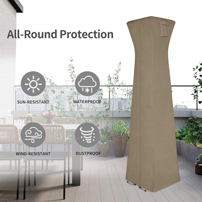 Easy-Going Pyramid Torch Patio Heater Cover with Zipper and Storage Bag, Waterproof Outdoor Heater Cover Dustproof, UV-Resisant, Wind-Resistant (90"H x 23"L x 23"W, Camel)