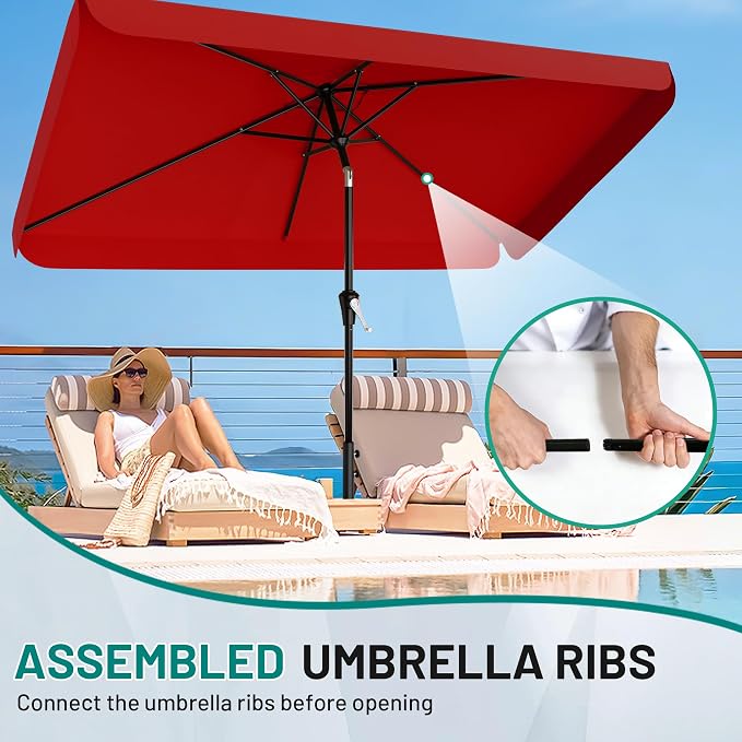 AreShark 6.5 x 10 FT Rectangular Valance Patio Umbrella, Outdoor Umbrella with Tilt and Crank, Market Table Umbrellas W/ 6 Ribs UV Protection for Garden, Deck, Backyard and Pool, Red