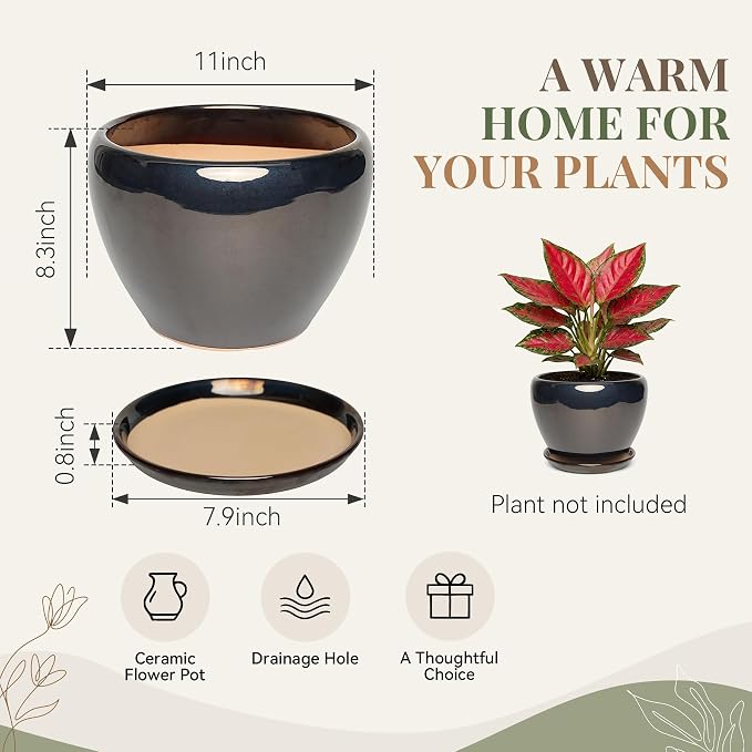 11 Inch Ceramic Plant Pot with Drainage Hole Mesh Net, Large Gardening Pots for Indoor Plants with Saucer, Black