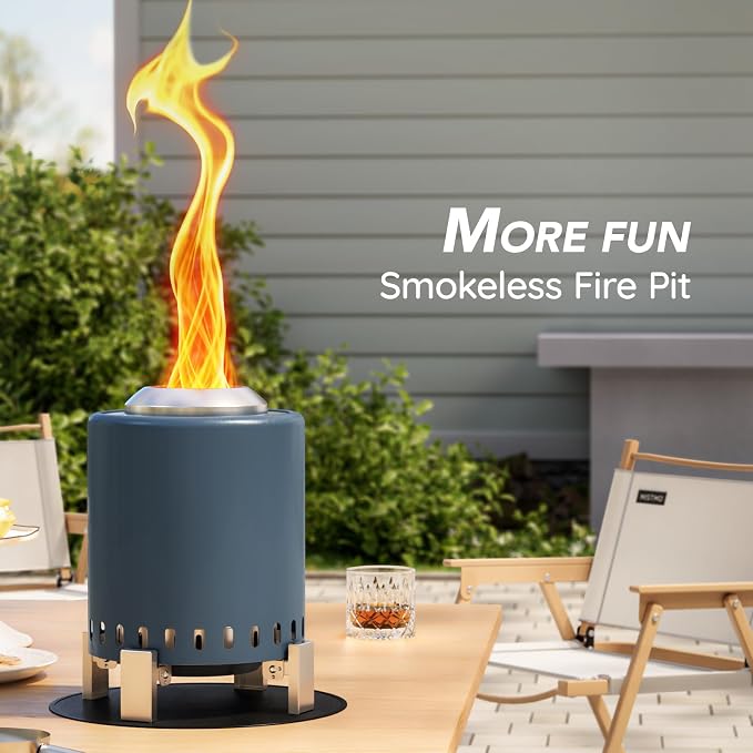 Mini Smokeless 7 Inch Tabletop Fire Pit with Pan Stand and Insulation Mat, Portable Stainless Steel Fire Pit for Camping, Patio Tabletop Firepit, Burns Wood or Pellets, Travel Bag Included, Blue