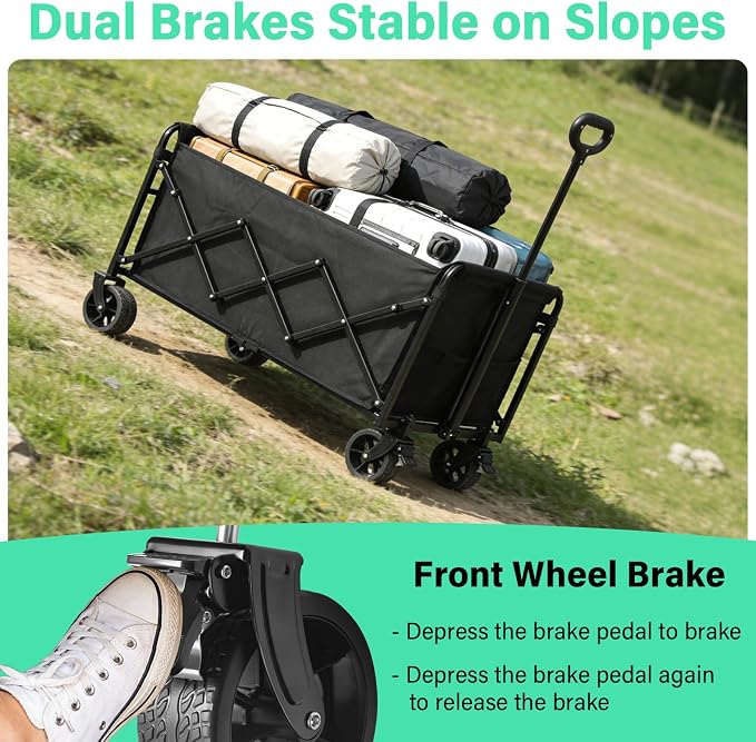 Upgraded Heavy Duty Foldable Wagon – 550LBS Capacity, All-Terrain Wheels & Brakes, Large Collapsible Cart for Beach, Camping, Grocery & Sports (Black)