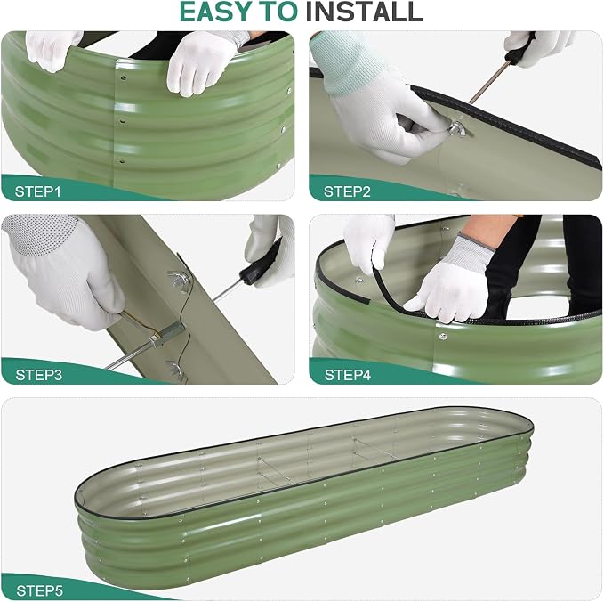 Galvanized Raised Garden Bed - 8×2×1ft Planter Raised Beds for Gardening | Oval Metal Garden Planter Box with Safety Edging and Bracing Rods for Vegetables Fruits and Flowers Oliver Green