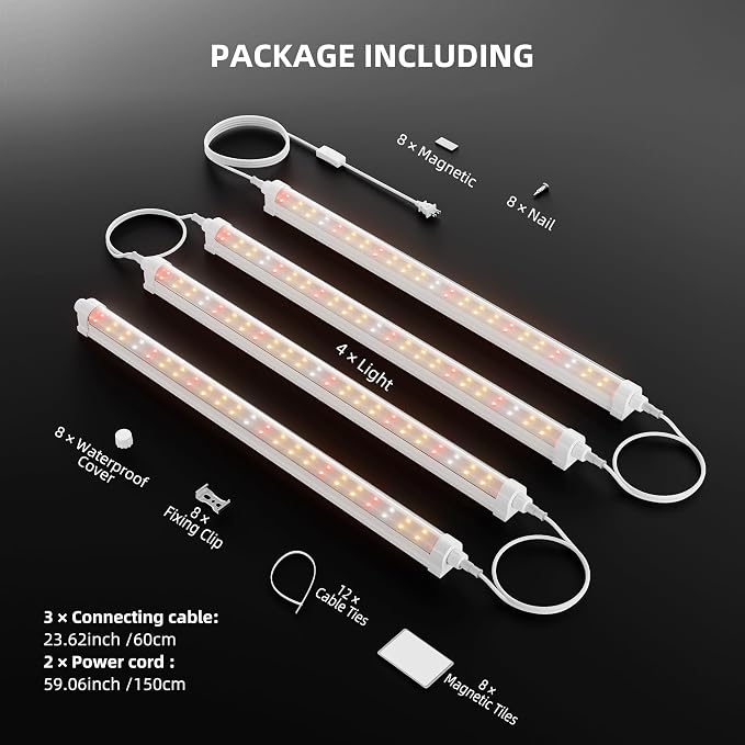 Spider Farmer 1FT LED Grow Lights for Indoor Plants,Full Spectrum (3000K+5000K+660nm),40W (4x10W,200W Equivalent),3-Level Dimmable,IP65 Waterproof,Linkable Design,Plant Light Strip for Shelve,4-Pack