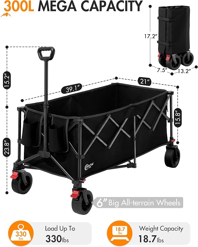 Portal Collapsible Wagon Cart, Foldable Wagon with Big Wheels, 300L Extra Large Wagon,18.7lbs Lightweight Utility Wagon, Heavy Duty Wagon for Beach, Camping, Sports, Garden Black