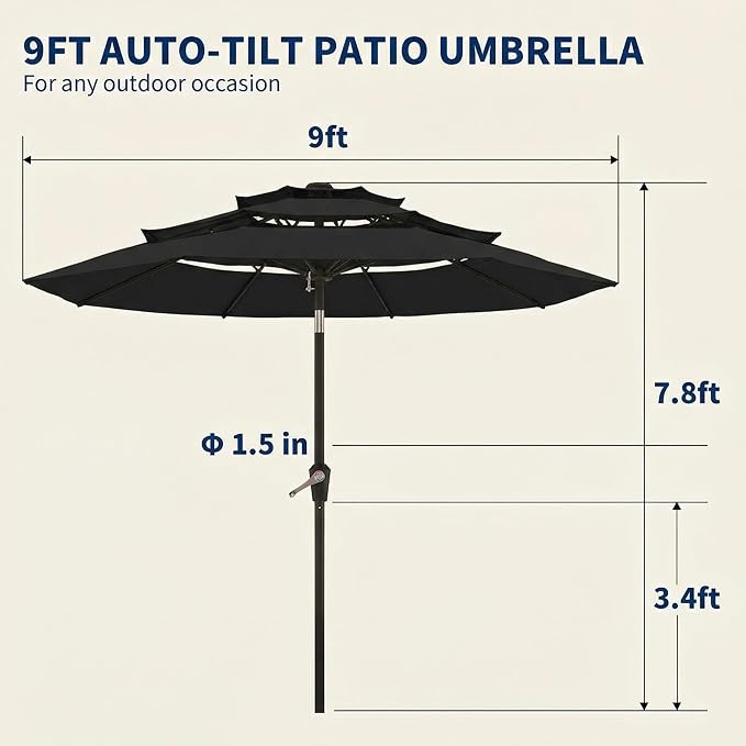 10FT Patio Umbrella 3 Tiers Outdoor Market Umbrella w/Push Button Tilt, Crank, UV and Waterproof Table Umbrella for Garden, Pool, Backyard, Deck, Lawn, Black