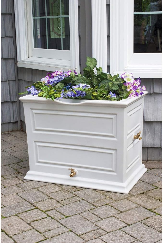 Good Ideas Savannah Colonial Style 42 Gallon Rain Saver Barrel with Self-Draining Garden Planter and Brass Spigots, Light Gray