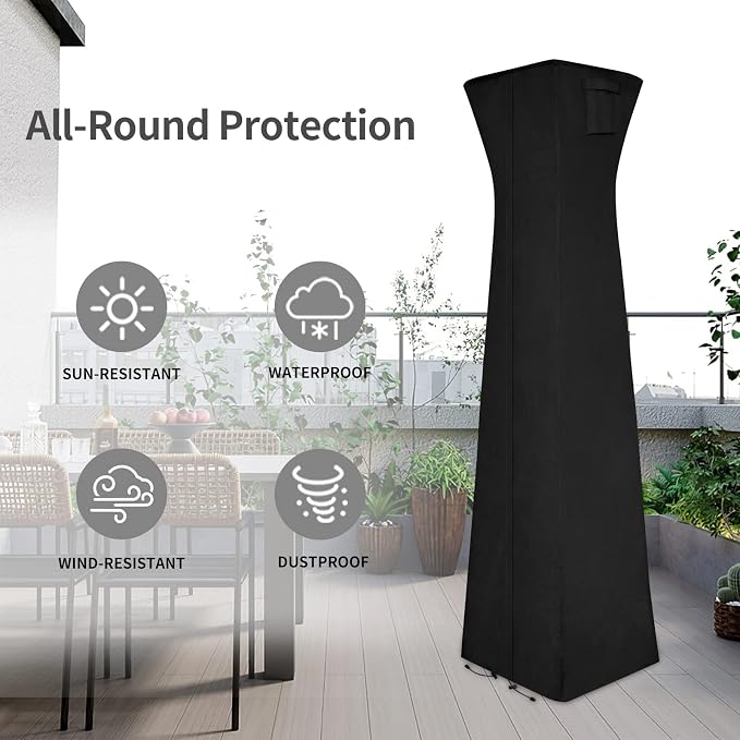 Easy-Going Pyramid Torch Patio Heater Cover with Zipper and Storage Bag, Waterproof Outdoor Heater Cover Dustproof, UV-Resisant, Wind-Resistant (90"H x 23"L x 23"W, Black)