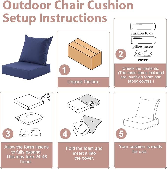 Outdoor Deep Seat Cushion Set, 24x24 Inch Water-Resistant & Fade-Resistant Outdoor Chair Cushions, Patio Furniture Cushions with Removable Cover for Patio Chair, Sofa,Navy Blue (Set of 1)