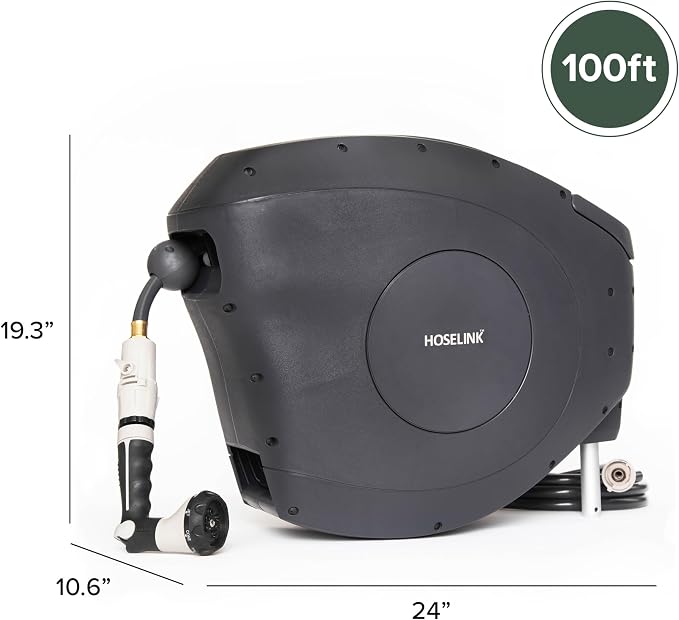 HOSELINK Classic Charcoal 100ft Automatic Retractable Garden Hose Reel, 1/2" UV-Stabilized Kink-Free Hose, Wall Mounted Complete Watering Solution for Backyard, Garden & Outdoor