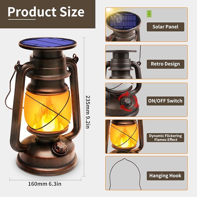 Outdoor Waterproof Solar Lanterns, 2 Pack Vintage Flickering Flame LED Hanging Lights with Auto On/Off, Rustic Solar-Powered Lamps for Patio, Garden, Yard, Deck, Pathway, and Porch Decor