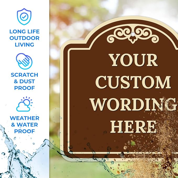 Custom Decorative Sign, Personalized Metal Sign for Business, Driveway, Home, Airbnb, Office Door Plaque, Brown Background Sign, 18x18 Inches, ACM, Fade Resistant, Made in USA by Sigo Signs