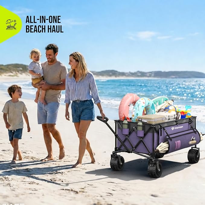 Hikemoon 300L Extra Large Wagons Carts Foldable, 560LBS Heavy Duty Collapsible Beach Wagon 48" Long with Big All-Terrain Wheels, Utility Folding Cart for Camping, Sports, Garden, Purple