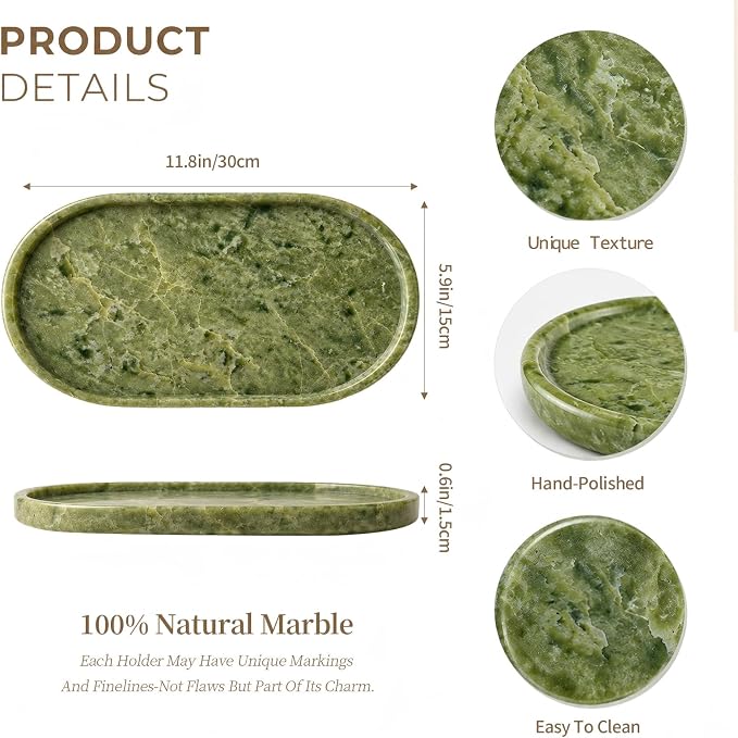 Genuine 100% Natural Marble Tray, Luxury Green Stone Vanity Tray | 11.8" x 5.9" Decorative Oval Trays for Countertop Storage, Bathroom, Dresser, Kitchen, Home Decor, Jewelry Makeup Organizer