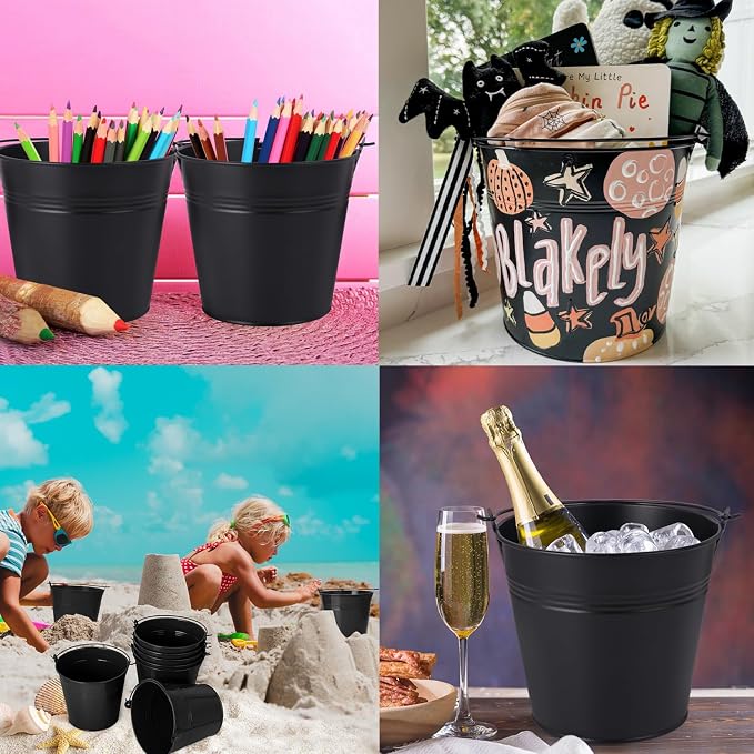 15 Pack 5.1" Black Metal Bucket, Black Tin Buckets with Handles, Small Iron Bucket, Metal Pail for Party Favors, Crafts, Garden & Beach